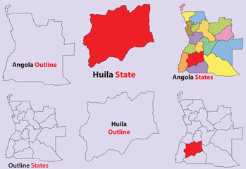 Huila map vector of Angola, Huila line map, Huila with city map, Huila outline map