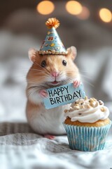 Adorable Hamster Celebrating Its Birthday with a Cupcake and Party Hat