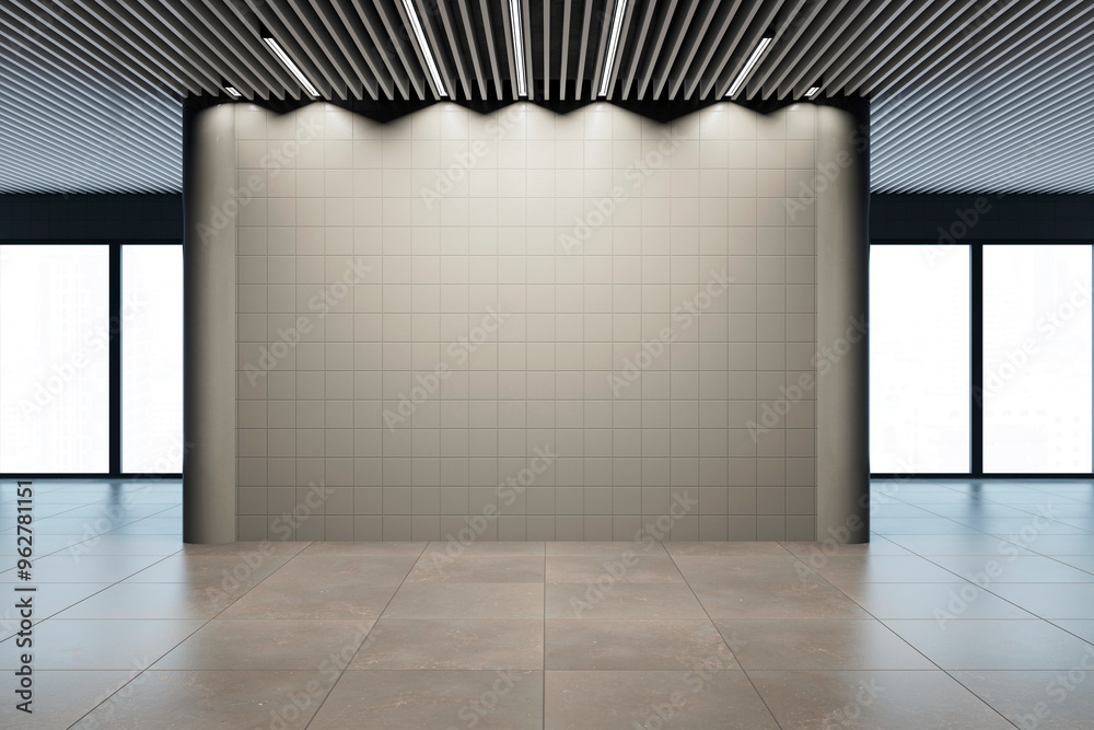Aufkleber empty gallery interior with tiled wall and large windows. 3d rendering