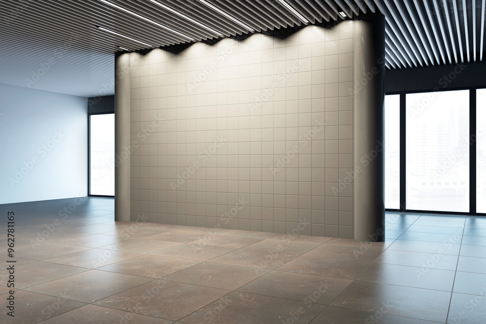 Poster Modern empty gallery room with tiled wall and large windows. 3D Rendering