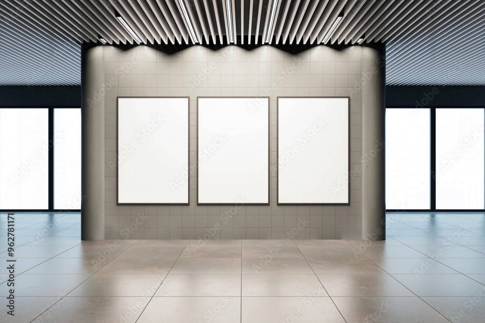 Poster Modern gallery interior with three blank frames on tiled wall. 3D Rendering