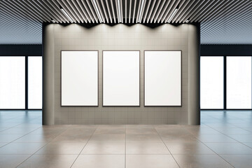 Modern gallery interior with three blank frames on tiled wall. 3D Rendering