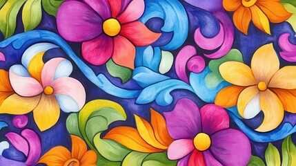 Fototapeta premium A vibrant and colorful floral design featuring various blooms and flowing patterns, perfect for artistic projects and backgrounds.