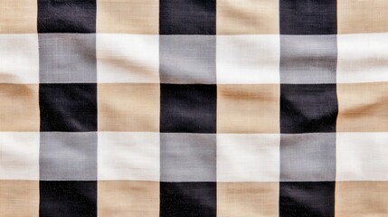 A close-up of textured fabric featuring a modern check pattern in neutral tones of black, white, beige, and gray.