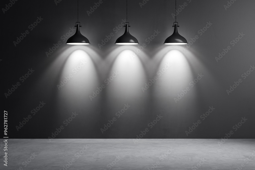 Aufkleber three illuminated hanging lamps casting light spots on a dark grey wall. 3d rendering