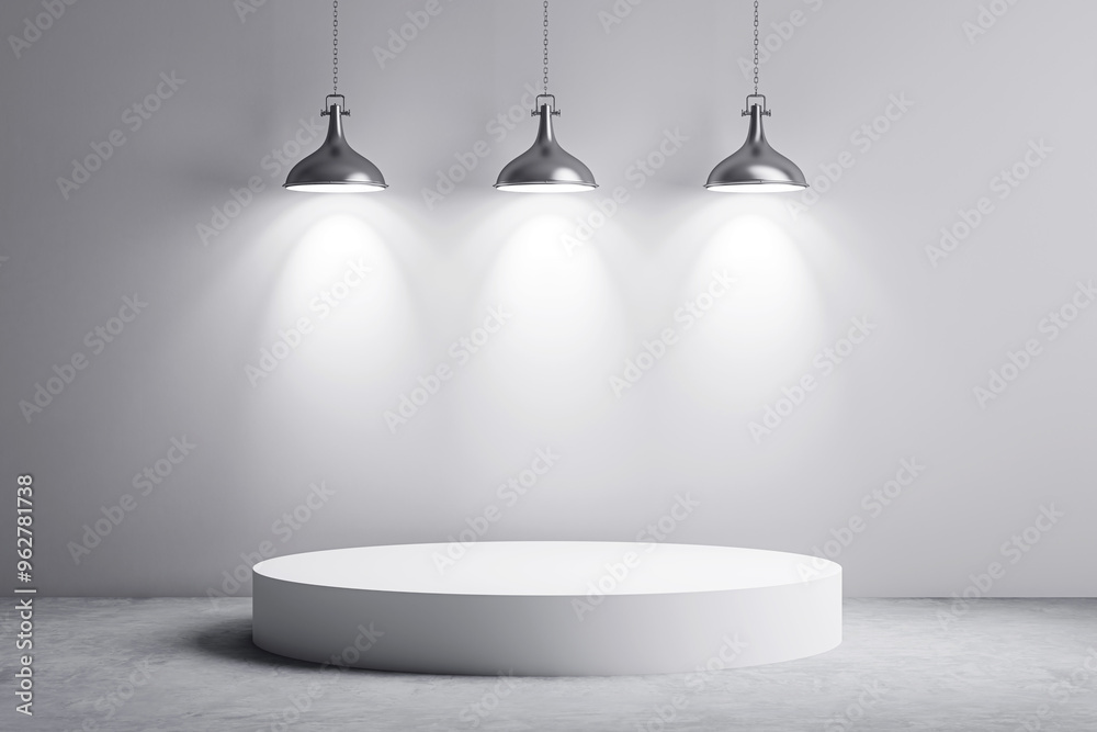 Aufkleber Empty studio with round white podium illuminated by three hanging lamps. 3D Rendering