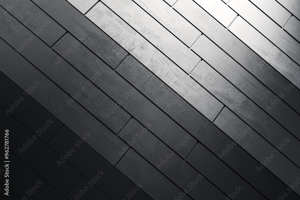 Poster Abstract black metallic tile pattern with light reflection on dark background. 3D Rendering