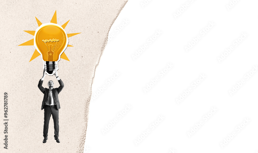 Poster businessman holding a large lightbulb with a sunburst effect on a textured background.