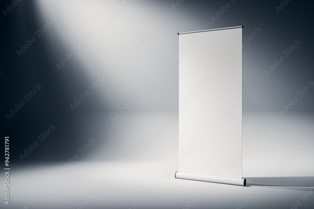 Poster Blank roll-up banner in a minimalistic studio setting with spotlight. 3D Rendering