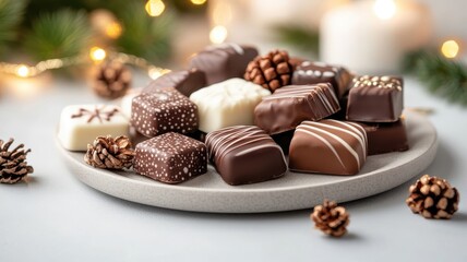Elegant display of assorted festive chocolates on a decorative platter with holiday decorations and twinkling lights.