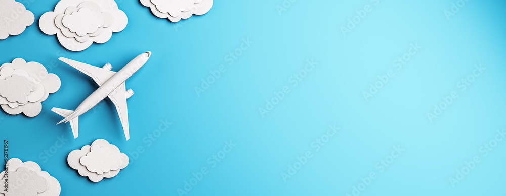 Poster airplane flying through paper clouds on a blue background. 3d rendering