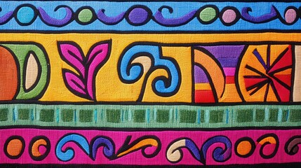 Ethnic fabric textile design featuring and shapes in bright hues, perfect for art and decor inspiration.