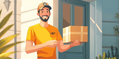 Smiling delivery man holding a box.