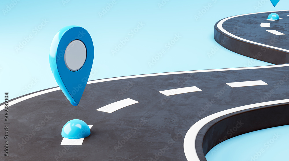 Poster Navigation concept with blue location pin on curved road. 3D Rendering