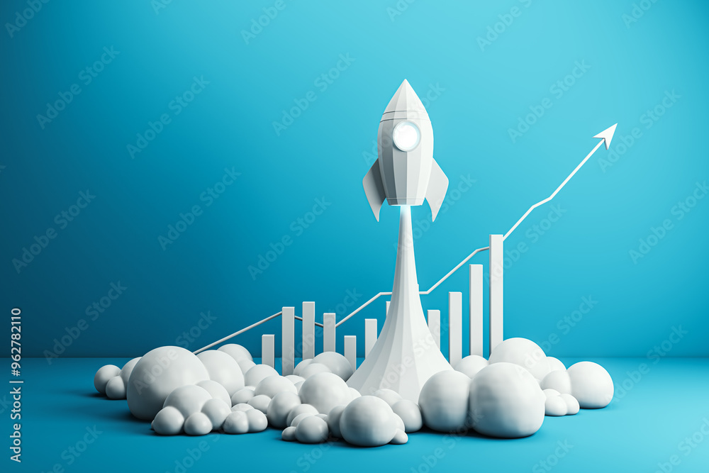 Aufkleber rocket launch with rising graph on blue background. 3d rendering
