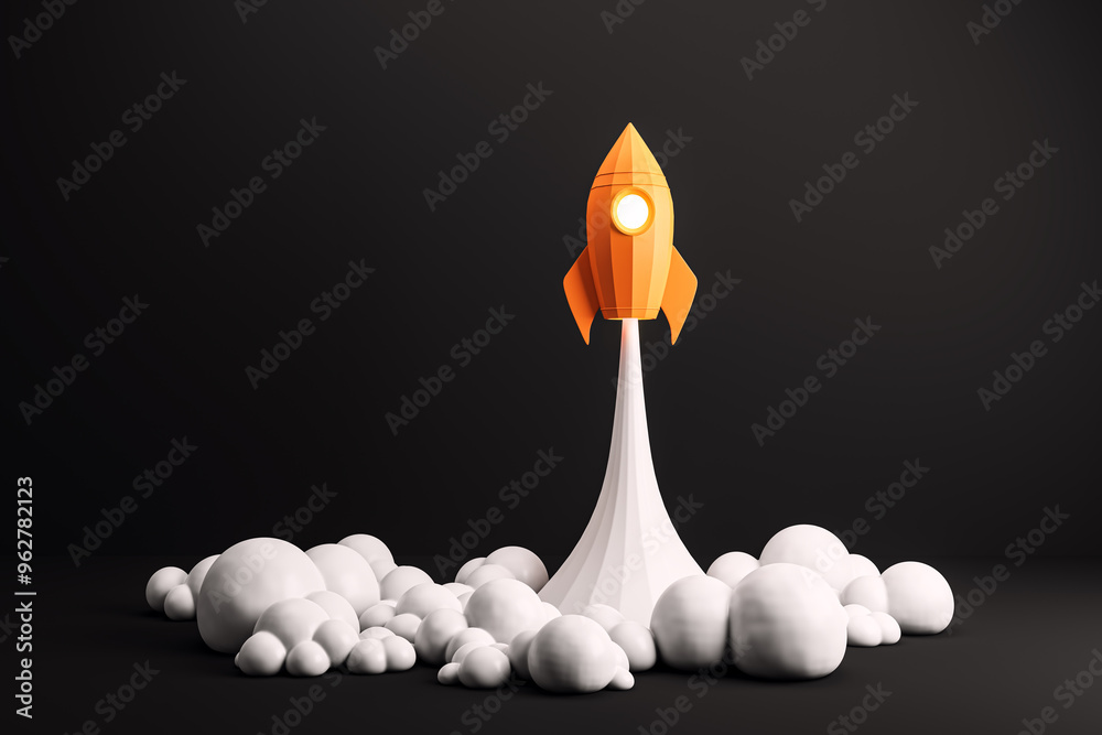 Poster orange rocket launching amidst clouds on dark background. 3d rendering
