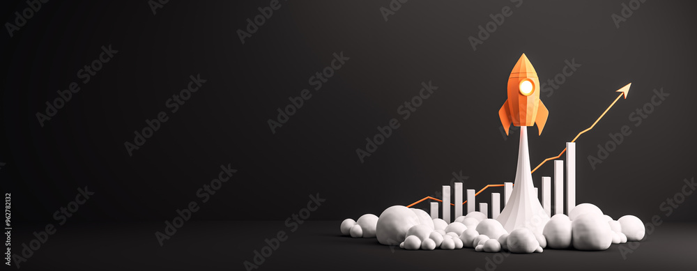 Poster Rocket launching with upward graph bars and arrow on black background. 3D Rendering