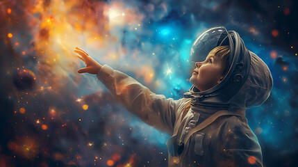 Child Astronaut Reaching Toward Cosmic Lights in Space, Symbolizing Imagination, STEM Exploration, Future Space Innovations, and the Intersection of Dreams and Scientific Discovery