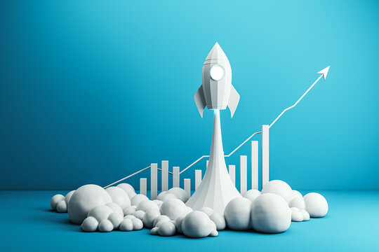 Rocket Launch with Rising Graph on Blue Background. 3D Rendering