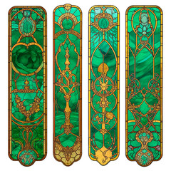 A set of four vertical designs with stained glass windows in shades of emerald and gold and a place for text, antique book bookmarks, a collection of modular paintings.
