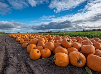 Pile of pumpkins in the pumpkin patch on a sunny day with blue sky, Halloween background