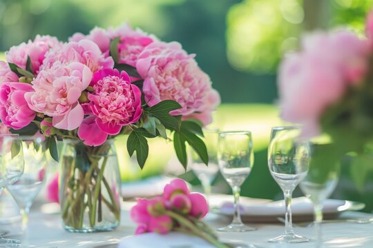 Romantic dinner setup features pink peonies vase on elegant tablescape with green plants. Intimate atmosphere created by white tablecloth, perfect for wedding and anniversary celebration.