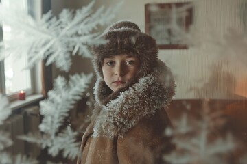 Young child stands in modern minimalistic living room covered in hoarfrost, wearing brown coat, with snowflakes, holding candle, looking directly at camera, surrounded by soft filtering through white
