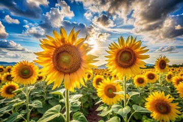 Obraz premium Sun-kissed fields of sunflowers unfold, their golden petals glistening softly against a sky of serene blue, wispy