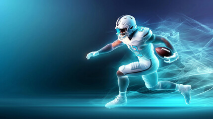 Glowing holographic American football player in action