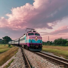 Obraz premium train on the railway in the countryside wherein the atmosphere is serene and anime like with pastel color pink sky