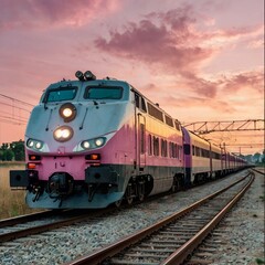 Close up photo of the train's front on a railway in the province with pastel color pink sky
