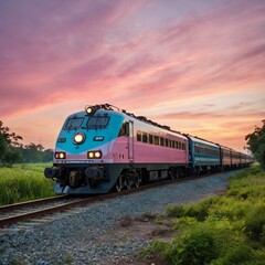 Traditional train on a railway in a countryside with serene sky background, almost during a sunset
