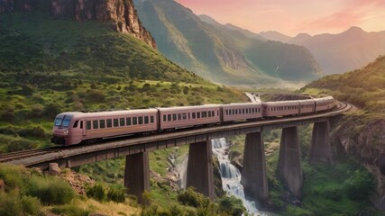 Fascinating mountain ranges view and a train passing by, perfect for travelers who love natures and train