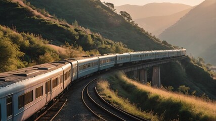 Train passing by on a mountain range on a country side