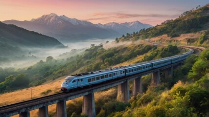 Train on a railways in a countryside with a fascinating mountain ranges view and a pastel color sky, perfect for travelers who love natures and train