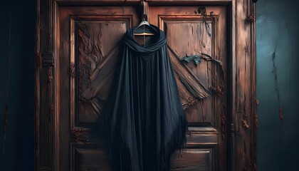 A black cloak hanging from a hook on a creaky, splintered door