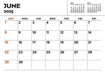 Simple desktop calendar for 2025: June, with writing space