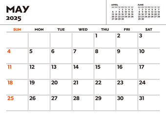 Simple desktop calendar for 2025: May, with writing space