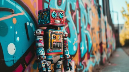 Obraz premium Retro robot toy stands against a vibrant graffiti wall, showcasing a blend of nostalgic and modern urban elements. The detailed robot design contrasts with the bold street art, creating a lively scene