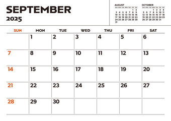 Simple desktop calendar for 2025: September, with writing space