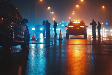 Police checkpoint at night with officers checking for drunk drivers on a busy road with flashing lights, creating a high-contrast and intense scene