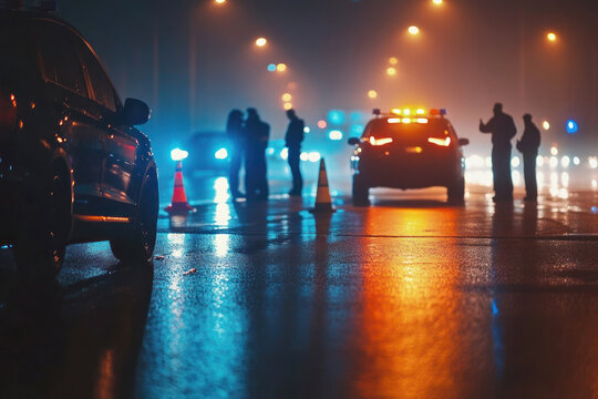 Police checkpoint at night with officers checking for drunk drivers on a busy road with flashing lights, creating a high-contrast and intense scene