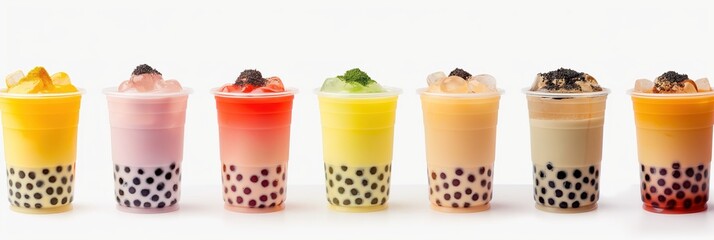 Assorted tapioca bubble tea flavors in various colors on white background. Tapioca pearls, milk foam, fruit syrups, and ice cubes create a colorful dessert drink.
