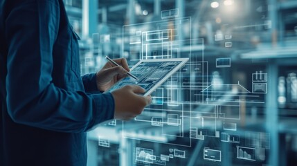 An engineer uses a tablet to view digital schematics in a high-tech industrial environment. The scene highlights the integration of advanced technology in modern engineering practices, showcasing