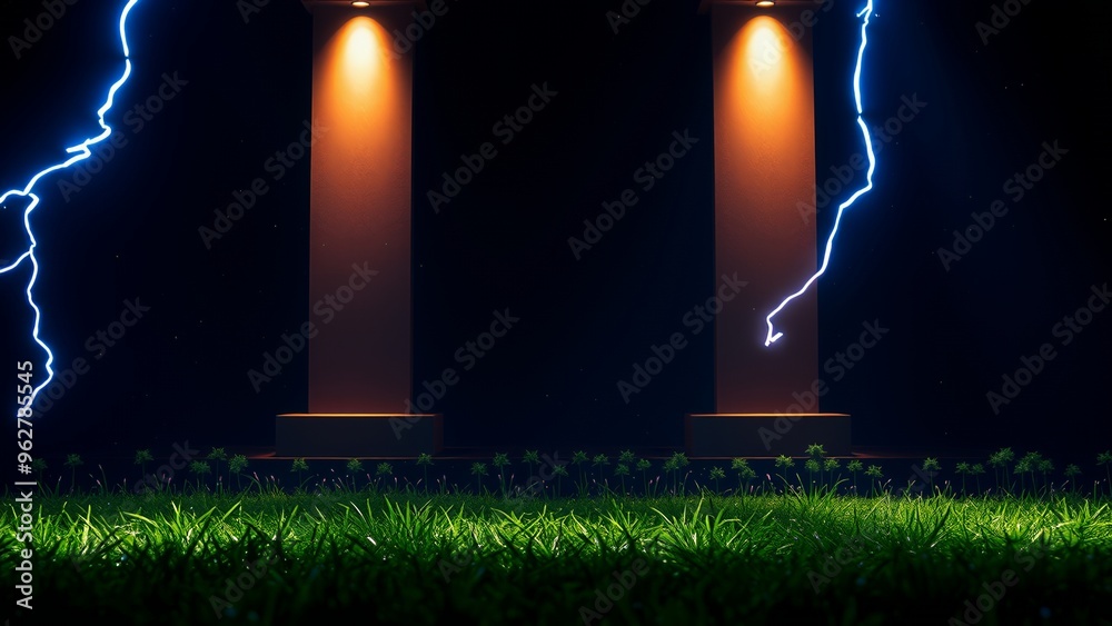 Wall mural two tall pillars with glowing lights stand against a dark background with lightning strikes.