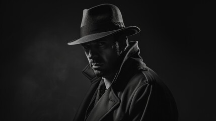 A mysterious man in a dark trench coat and hat stands alone. The scene is filled with shadows creating a noir atmosphere. Ideal for detective stories or suspenseful visuals. AI
