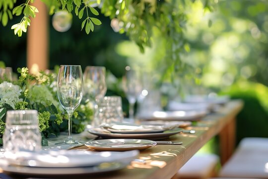 Outdoor dining scene with wooden table set for four. White flowers and greenery adorn the table. Lush foliage surrounds the setting, creating a peaceful atmosphere perfect for weddings or banquets.