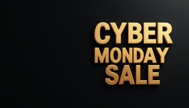 Cyber Monday golden "CYBER MONDAY SALE" text, rich black background with glitters, 3D illustration