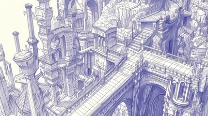 Fototapeta premium A detailed purple sketch of a fantastical cityscape with intricate architectural elements and bridges. Perfect for illustrating fantasy themes and imaginative city designs.