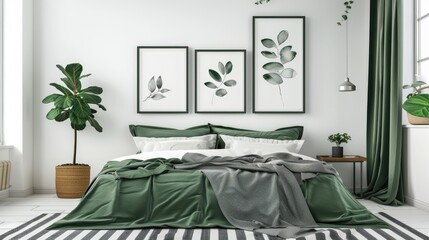 Real photo of posters above green bed on white wall in bedroom with striped carpet.